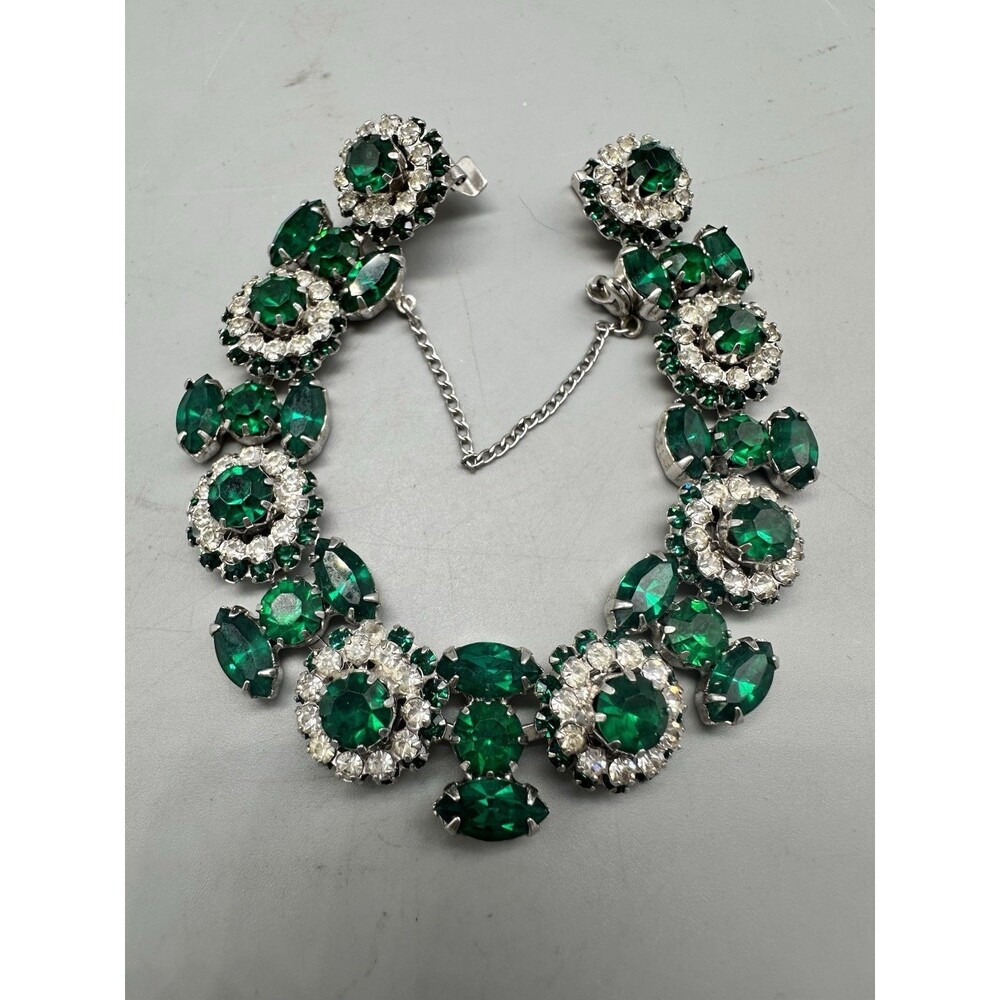 WEISS Vintage Green & Ice Clear Royal Glamour Bow Silver Tone Bracelet MINT!!